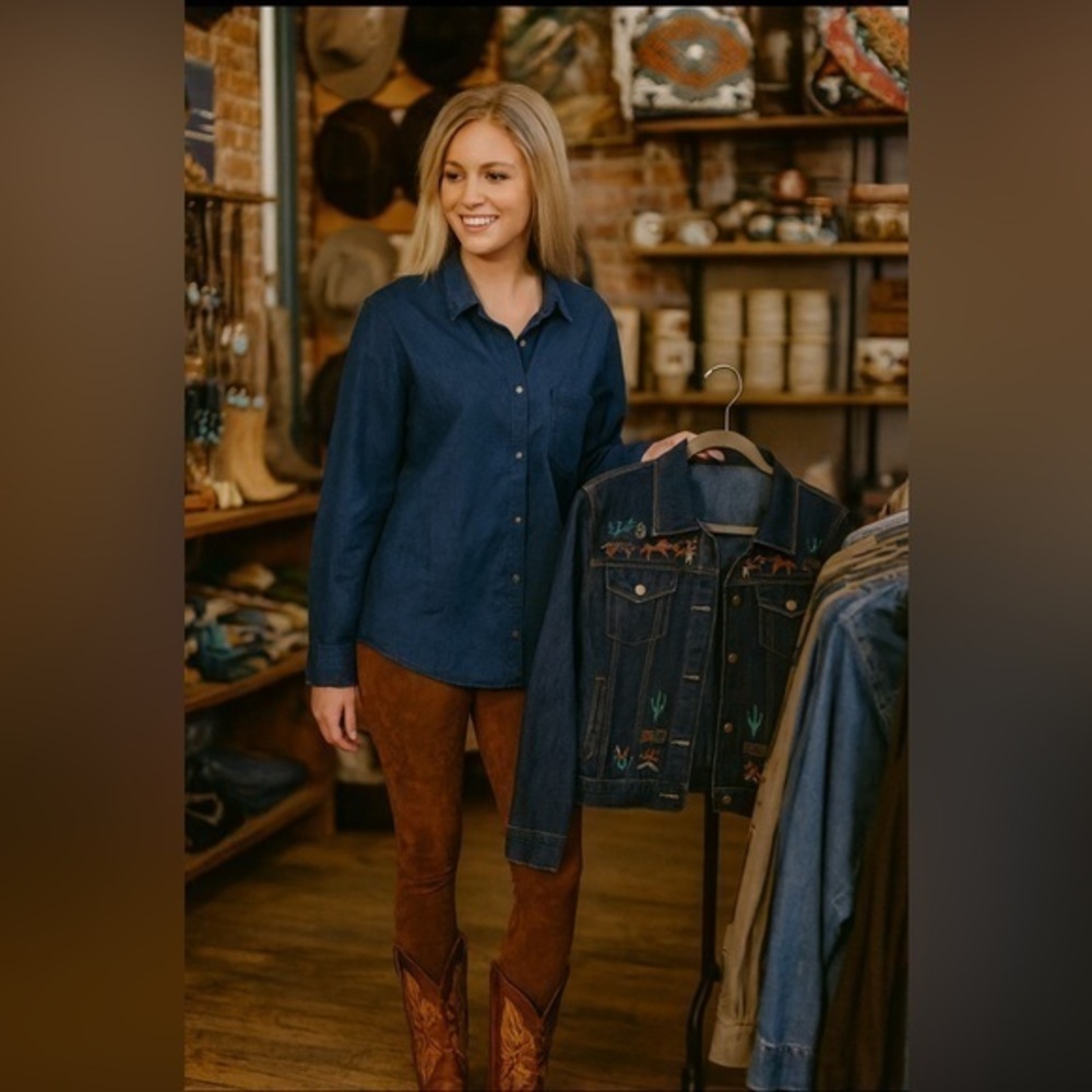 👖Old Navy Classic Denim Style Shirt, dark navy, metal button down, cuffs 💙